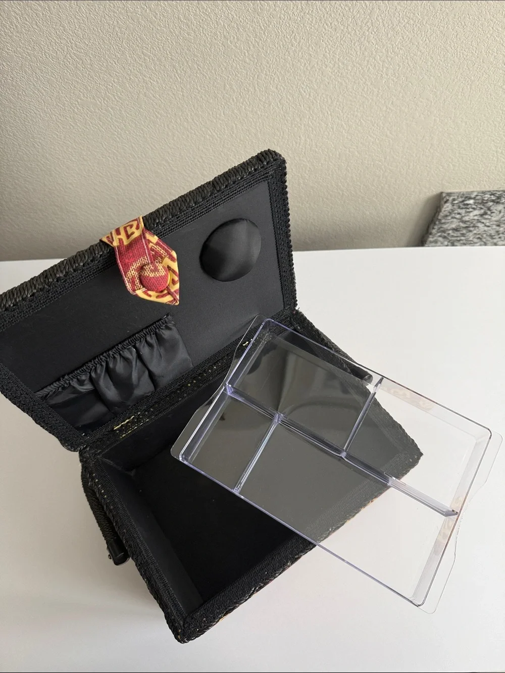 Decorative Red and Gold Fabric Jewelry Box with Black Trim